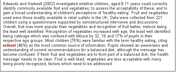 Text Box: Edwards and Hartwell (2002) investigated whether children, aged 8-11 years could correctly identify commonly available fruit and vegetables; to assess the acceptability of these; and to gain a broad understanding of children's perceptions of 'healthy eating'. Fruit and vegetables used were those readily available in retail outlets in the UK. Data were collected from 221 children using a questionnaire supported by semistructured interviews and discussions. Overall, fruit was more popular than vegetables and recognition of fruit better; melons being the least well identified. Recognition of vegetables increased with age; the least well identified being cabbage which was confused with lettuce by 32, 16 and 17% of pupils in their respective age groups. Most children (75%) were familiar with the term healthy eating, citing school (46%) as the most common source of information. Pupils showed an awareness and understanding of current recommendations for a balanced diet, although the message has become confused. If fresh fruit and vegetables are to form part of a balanced diet, the 'health message' needs to be clear. Fruit is well liked; vegetables are less acceptable with many being poorly recognized, factors which need to be addressed.
 

