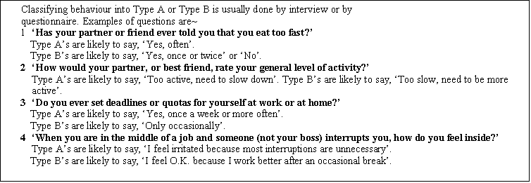 Text Box: Classifying behaviour into Type A or Type B is usually done by interview or by
questionnaire. Examples of questions are~
1	Has your partner or friend ever told you that you eat too fast?
Type As are likely to say, Yes, often.
Type Bs are likely to say, Yes, once or twice or No.
2	How would your partner, or best friend, rate your general level of activity?
Type As are likely to say, Too active, need to slow down. Type Bs are likely to say, Too slow, need to be more active.
3	Do you ever set deadlines or quotas for yourself at work or at home?
Type As are likely to say, Yes, once a week or more often.
Type Bs are likely to say, Only occasionally.
4	When you are in the middle of a job and someone (not your boss) interrupts you, how do you feel inside?
Type As are likely to say, I feel irritated because most interruptions are unnecessary.
Type Bs are likely to say, I feel O.K. because I work better after an occasional break.

